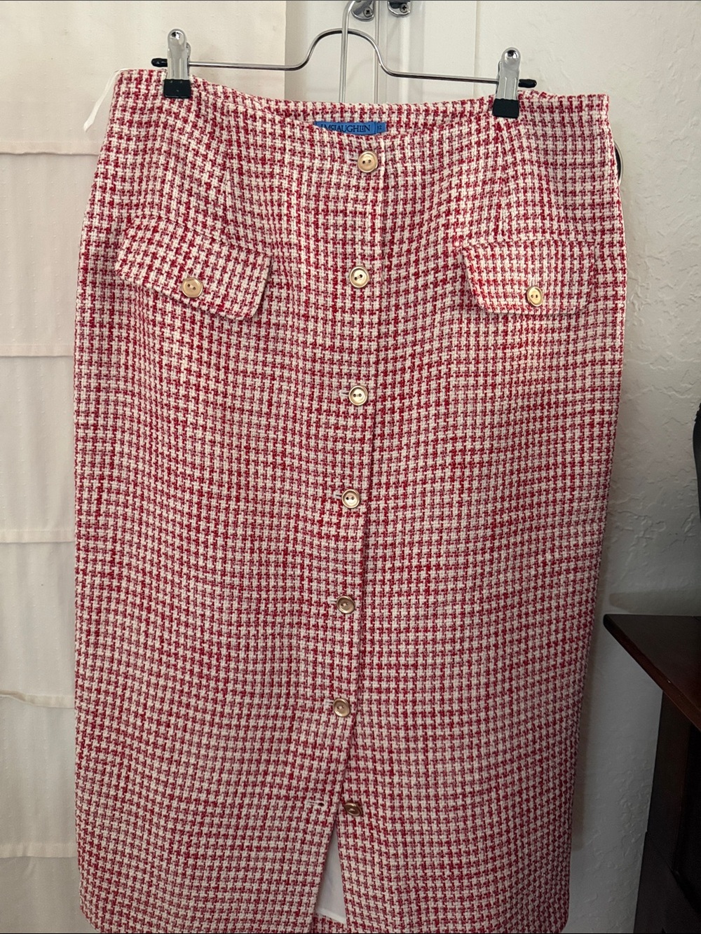 J. McLaughlin Red and White Houndstooth Button-Front Pencil Skirt